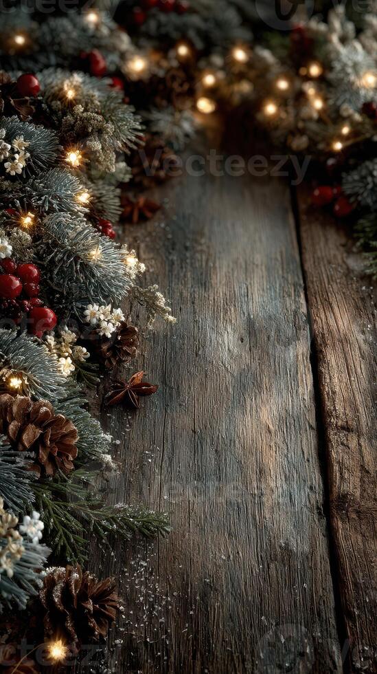 Holiday wreath with lights and natural decorations on rustic wooden surface photo