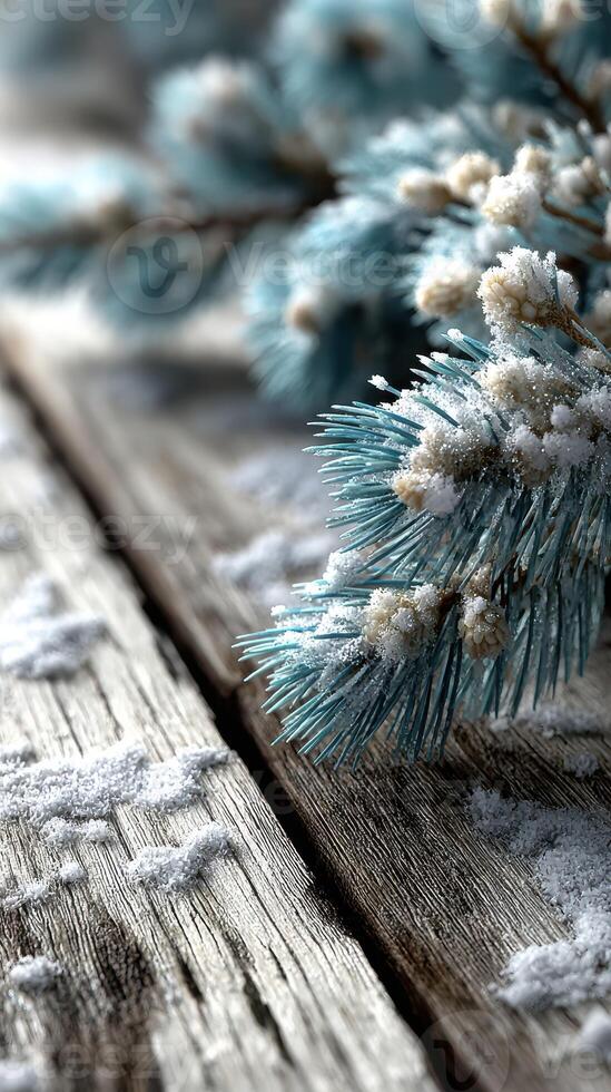 Winter landscape with snow-covered pine branches on rustic wooden surface photo