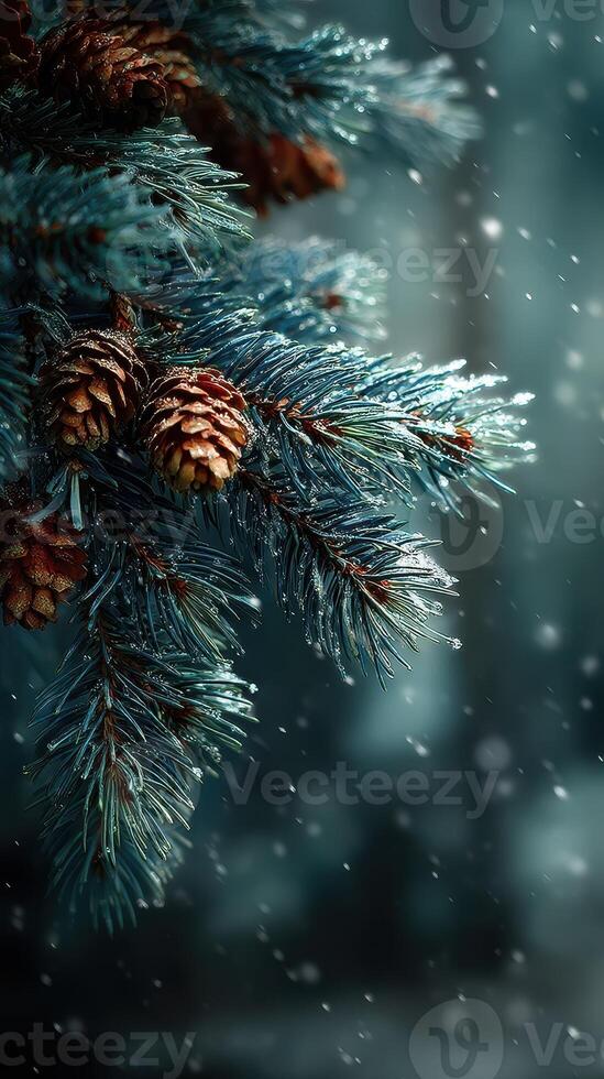 Snowflakes gently fall on frosty evergreen branches adorned with pine cones in a serene winter forest setting photo