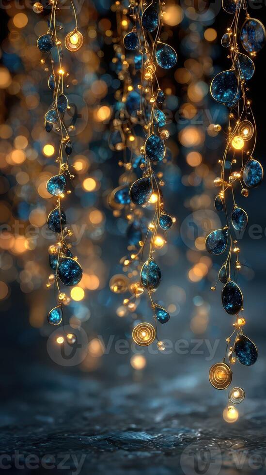 Decorative string lights illuminate a serene setting with blue beads during twilight photo