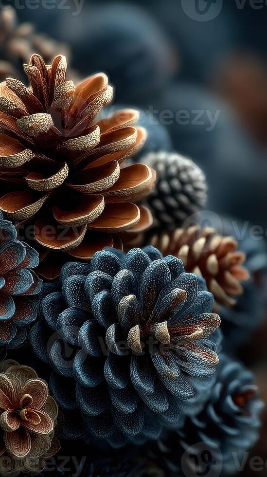 Intricate close-up of various pine cones showcasing natural textures and colors in a forest setting photo