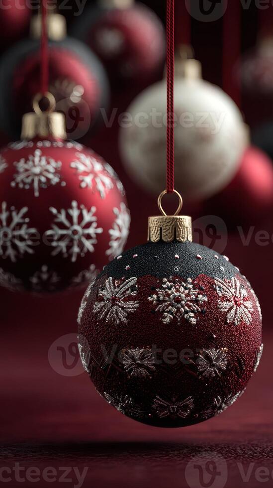 Colorful Christmas ornaments hang elegantly on strings, showcasing intricate designs for festive decoration photo