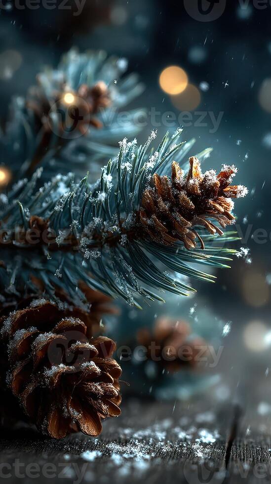 Winter wonderland with snow-covered pine branches and pine cones lit by soft lights at night photo