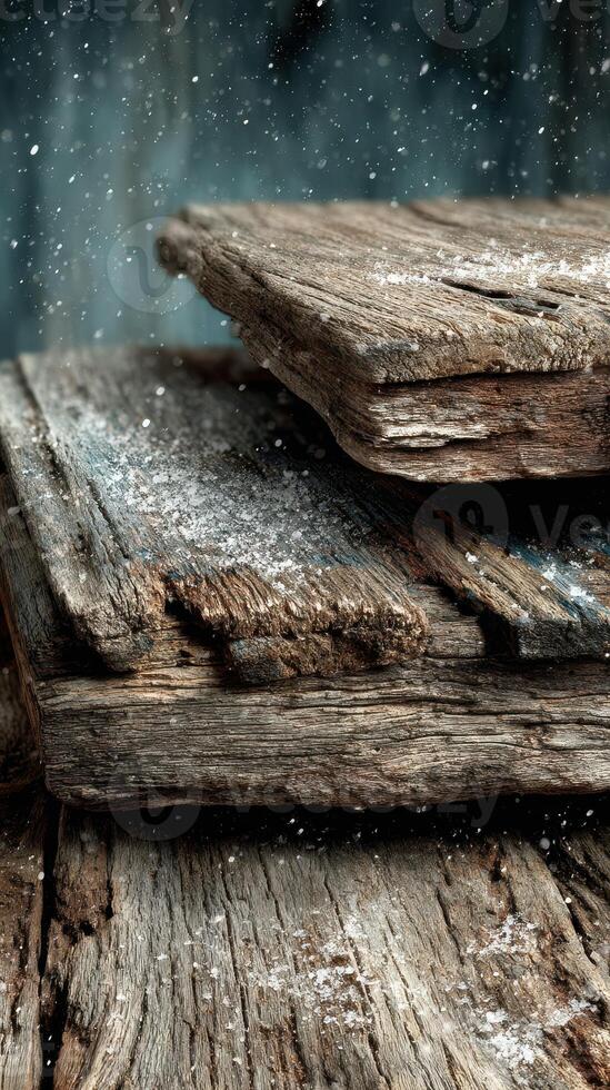 Textures of nature reveal aged wooden planks layered atop each other with snowflakes softly falling in a rustic setting photo