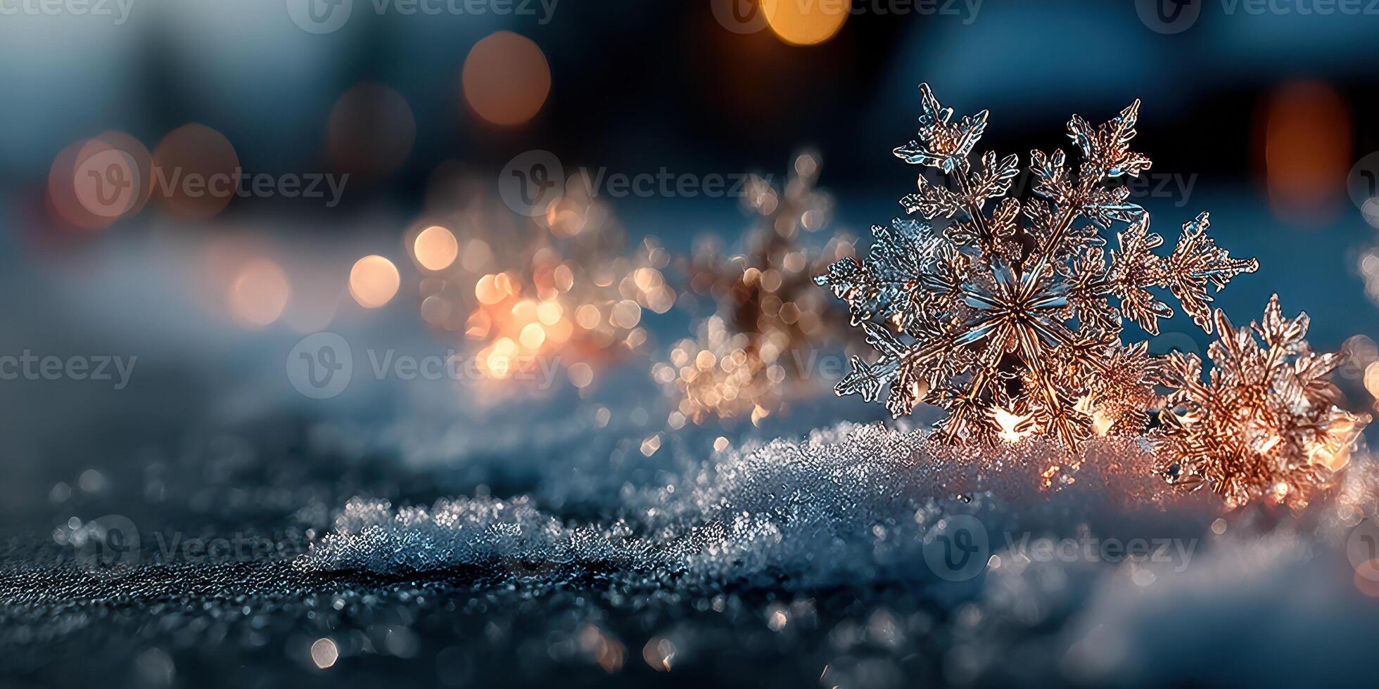 Snowflakes glisten with warm lights in a tranquil winter setting during the evening hours photo