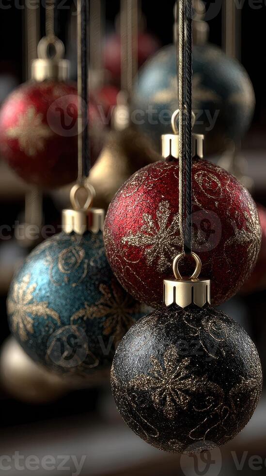 Colorful holiday ornaments hang elegantly with intricate designs, creating a festive atmosphere for seasonal celebrations and gatherings photo