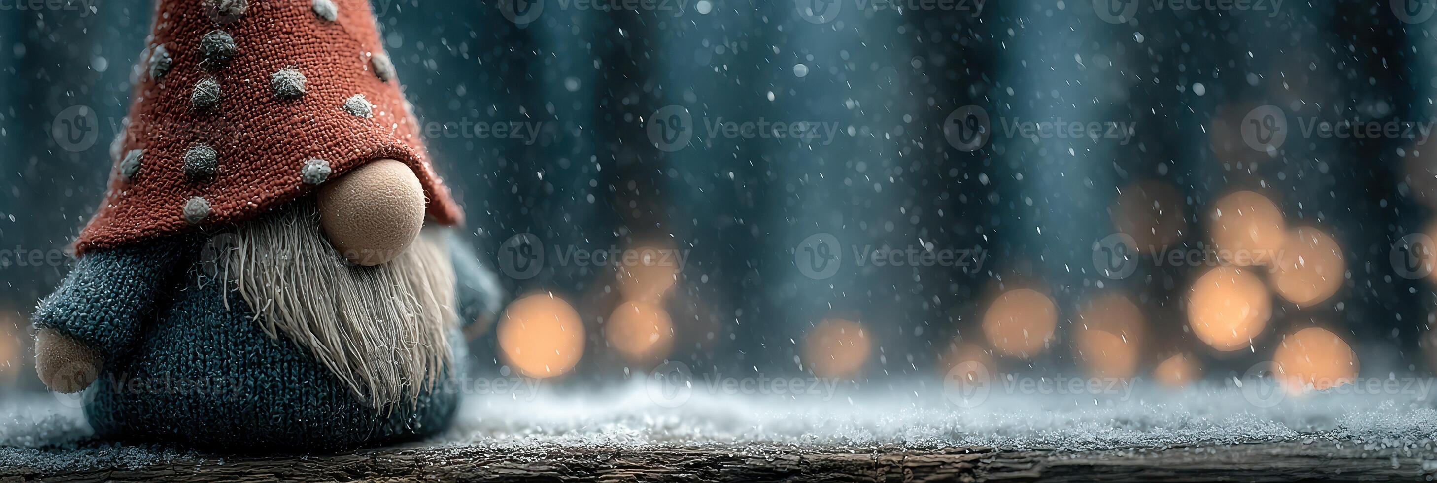 Gnome sitting quietly in snow with soft lights glowing in the background during a winter evening photo