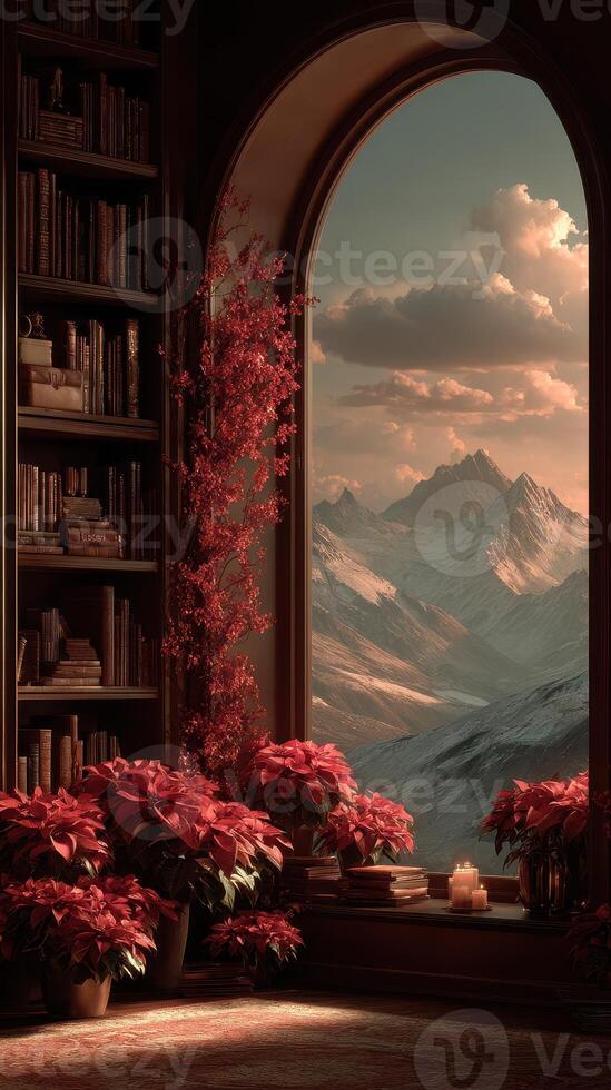 Majestic mountain view from a cozy room with festive flowers and warm lighting at sunset photo