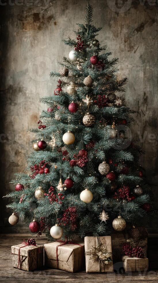 Festive Christmas tree adorned with ornaments and presents against a rustic backdrop photo