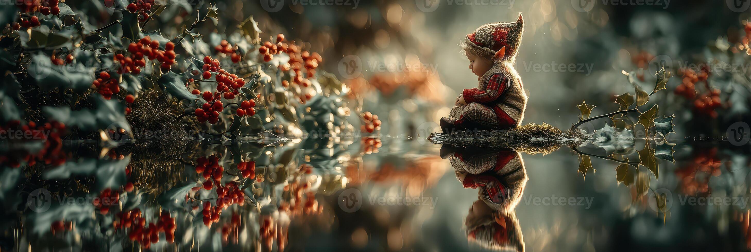Baby sitting by a tranquil pond surrounded by autumn foliage and reflections in soft evening light photo
