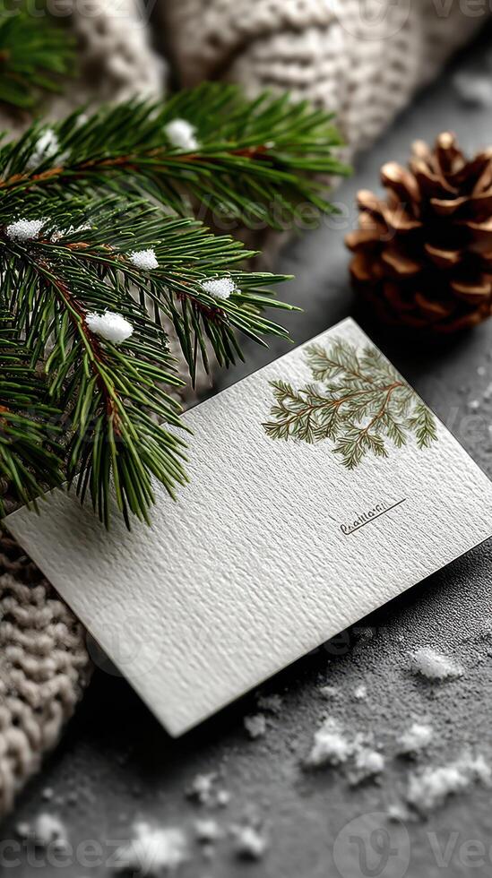 Holiday greeting card with pine branch, cozy knit texture, and pine cone on winter surface photo