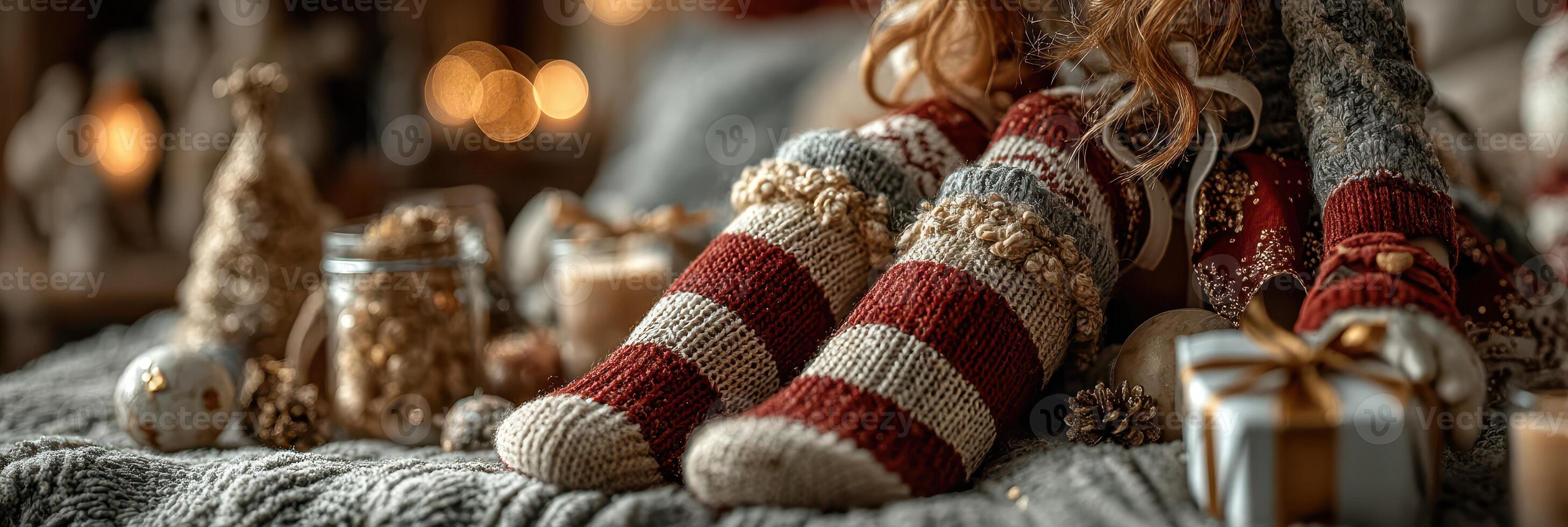 Cozy holiday setting with warm socks, festive decorations, and seasonal treats in a comfortable indoor environment photo