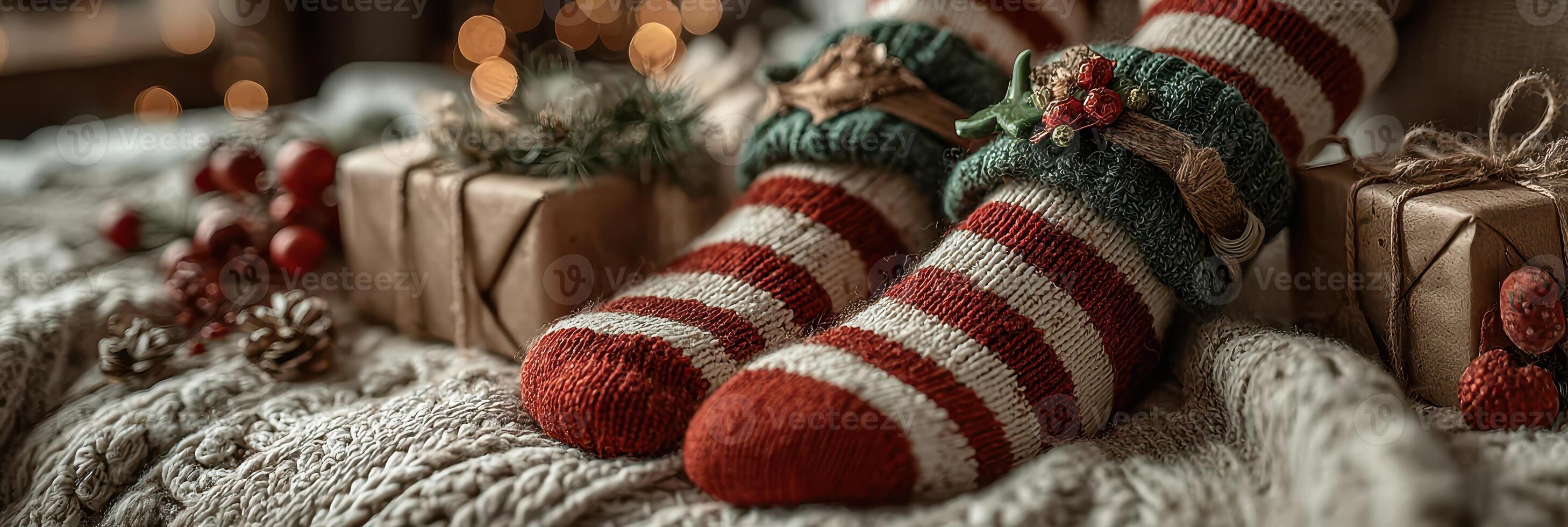 Cozy holiday socks beside wrapped gifts on a knitted blanket creating a festive atmosphere in a warm setting photo