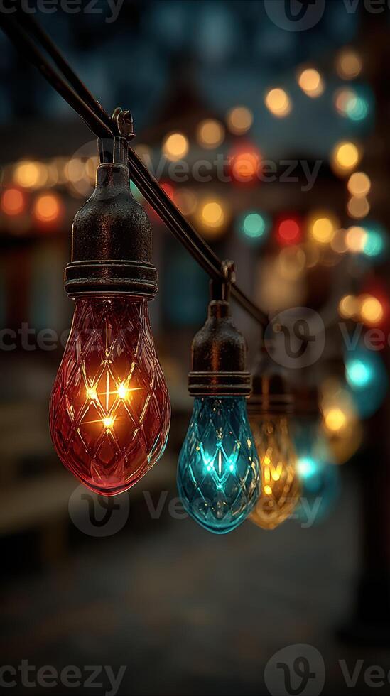 Colorful string lights illuminate an evening gathering in a festive outdoor setting with a warm atmosphere photo