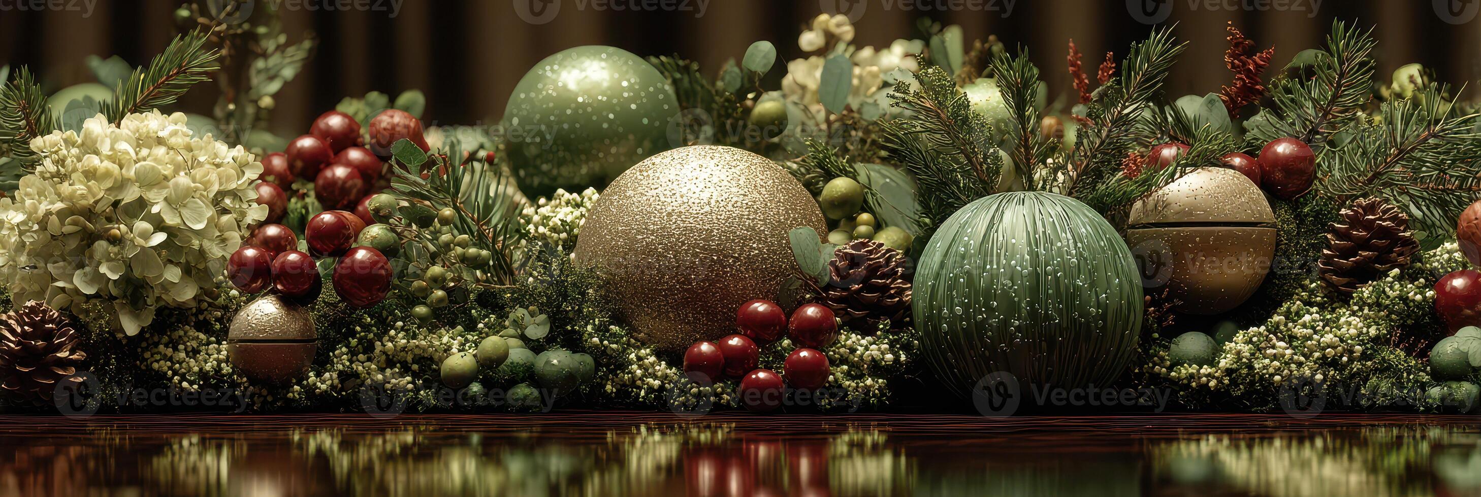 Elegant holiday centerpiece adorned with ornaments and greenery on a wooden table photo