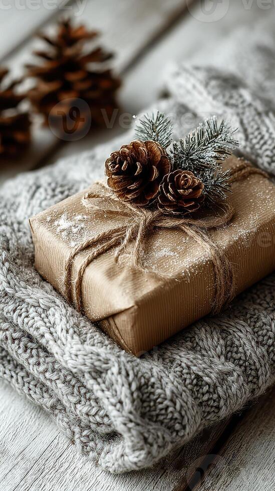 Wrapped gift featuring pine cones and decorative foliage resting on a knitted blanket near pine cones in a cozy setting photo