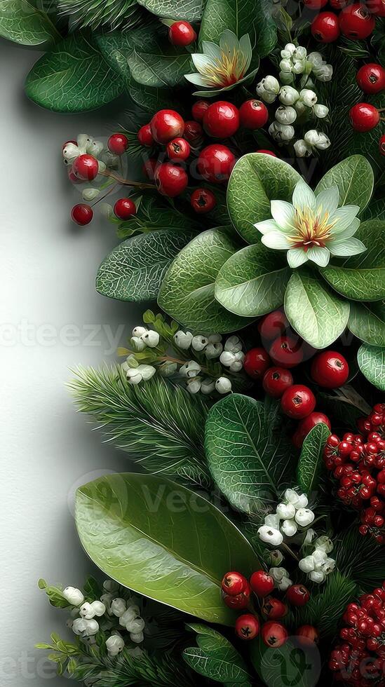 Vibrant display of festive foliage featuring red berries and green leaves for seasonal decoration ideas photo