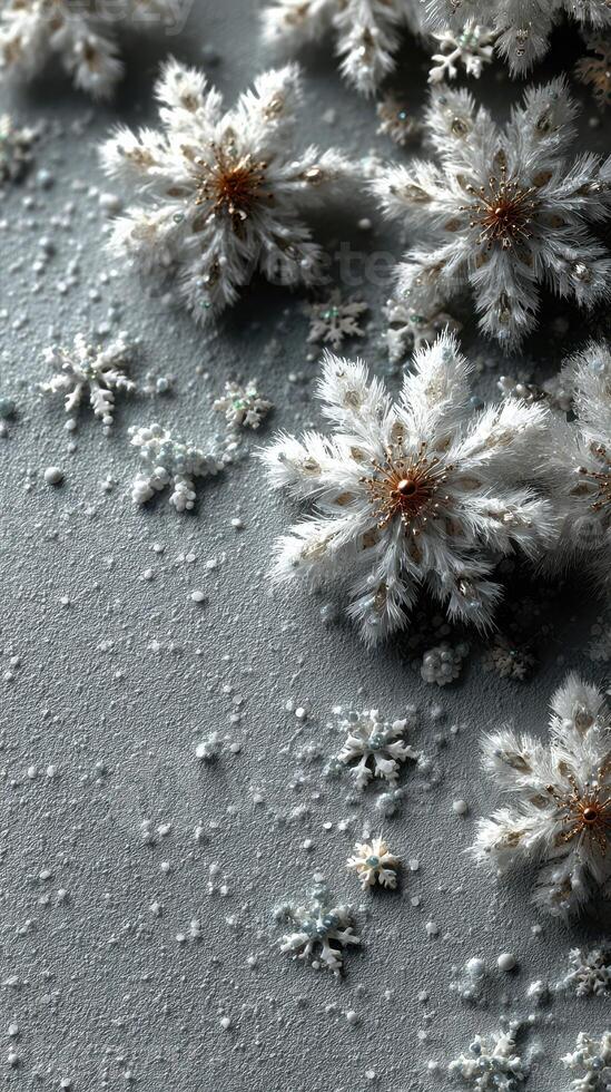 Snowflakes and frost decorations on a pale background create a winter wonderland atmosphere in a cozy indoor setting photo