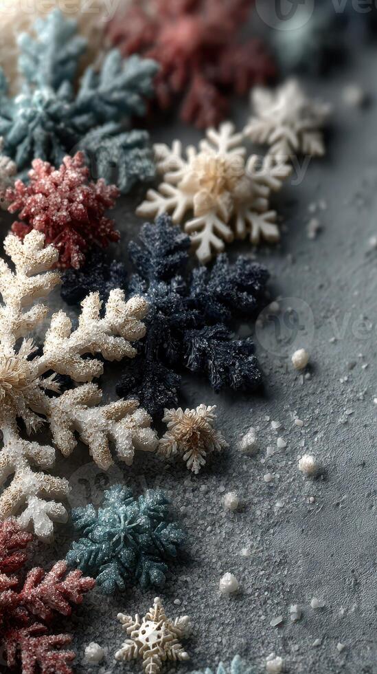 Beautifully crafted snowflakes arranged aesthetically on a textured surface during winter season photo