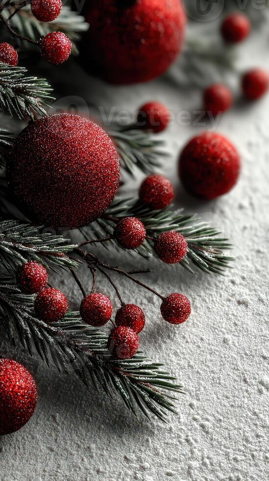 Bright red ornaments and sparkling berries on evergreen branches create a festive atmosphere for holiday celebrations photo