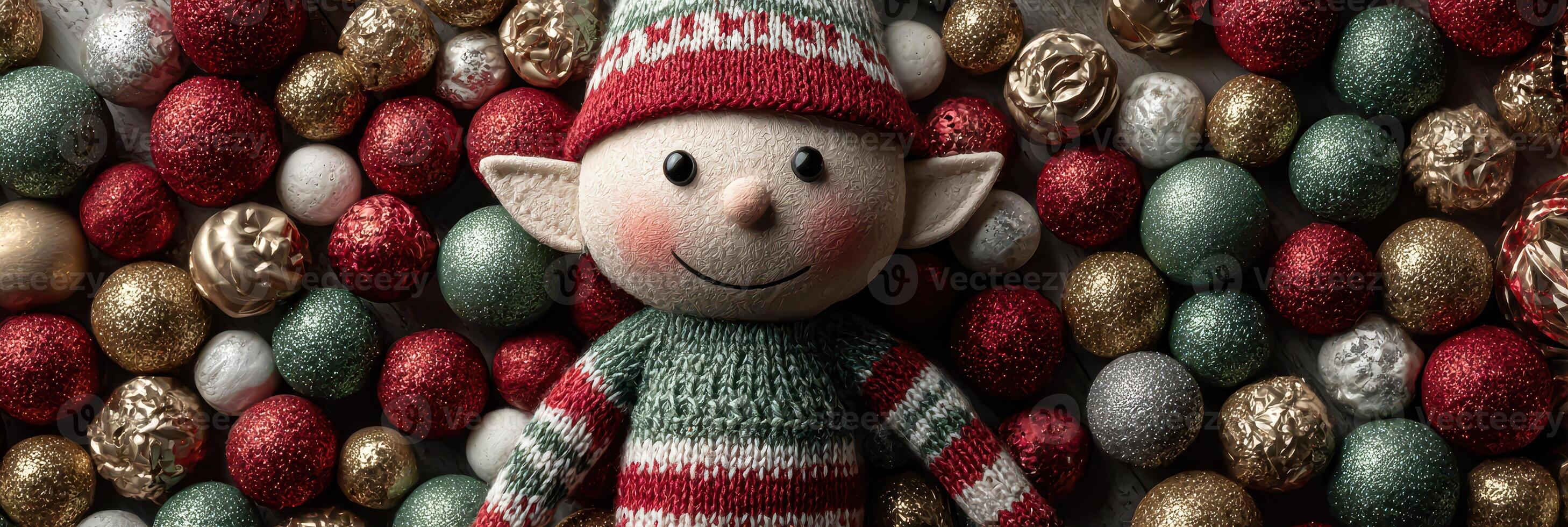 Cute elf doll surrounded by colorful holiday ornaments arranged on a festive background photo