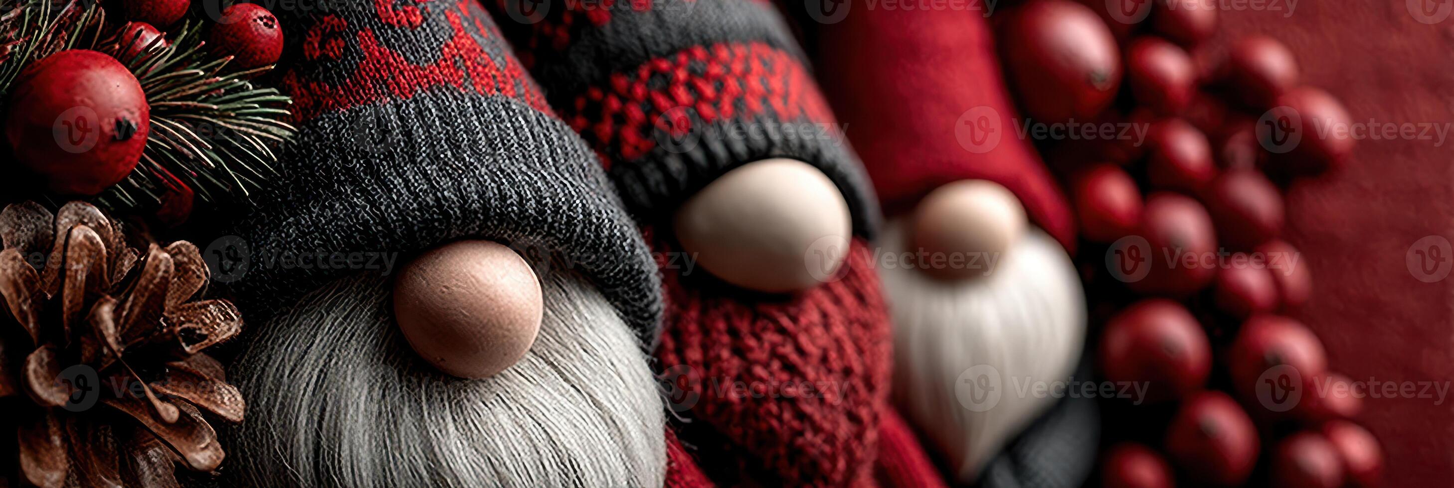 Decorative gnomes with holiday themes arranged on a festive background showcasing vibrant colors and textures photo