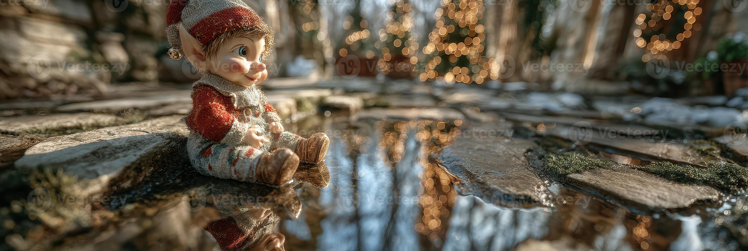 Charming vintage elf doll sits beside a reflective puddle during a winter afternoon in a beautifully decorated garden photo