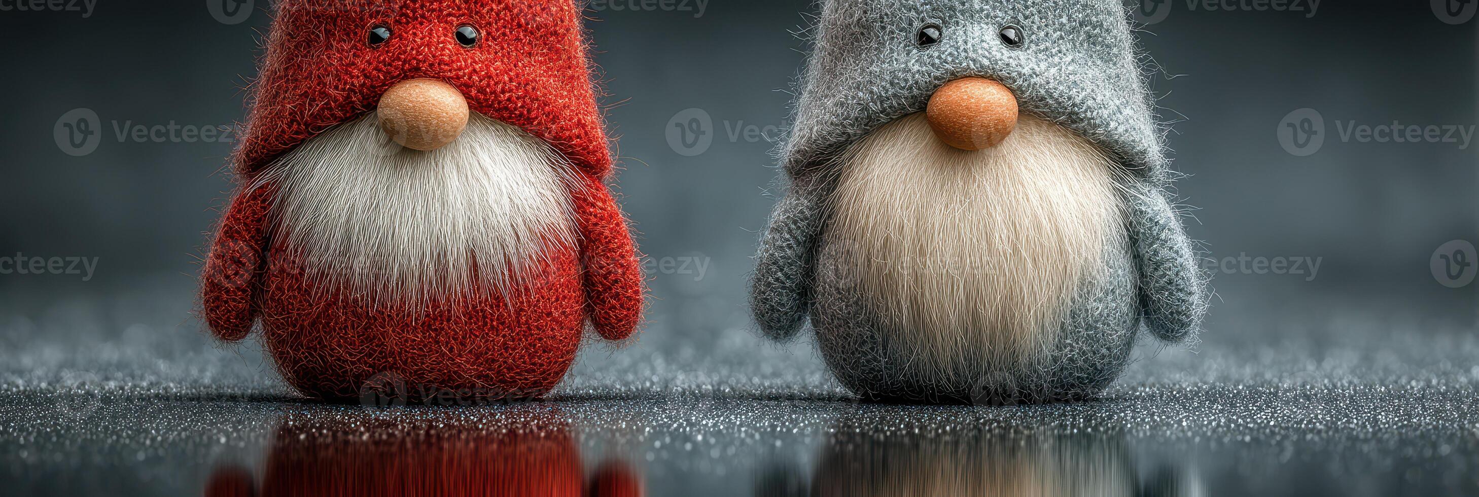 Colorful gnomes with soft textures sit on a reflective surface, showcasing their cute designs and unique colors photo