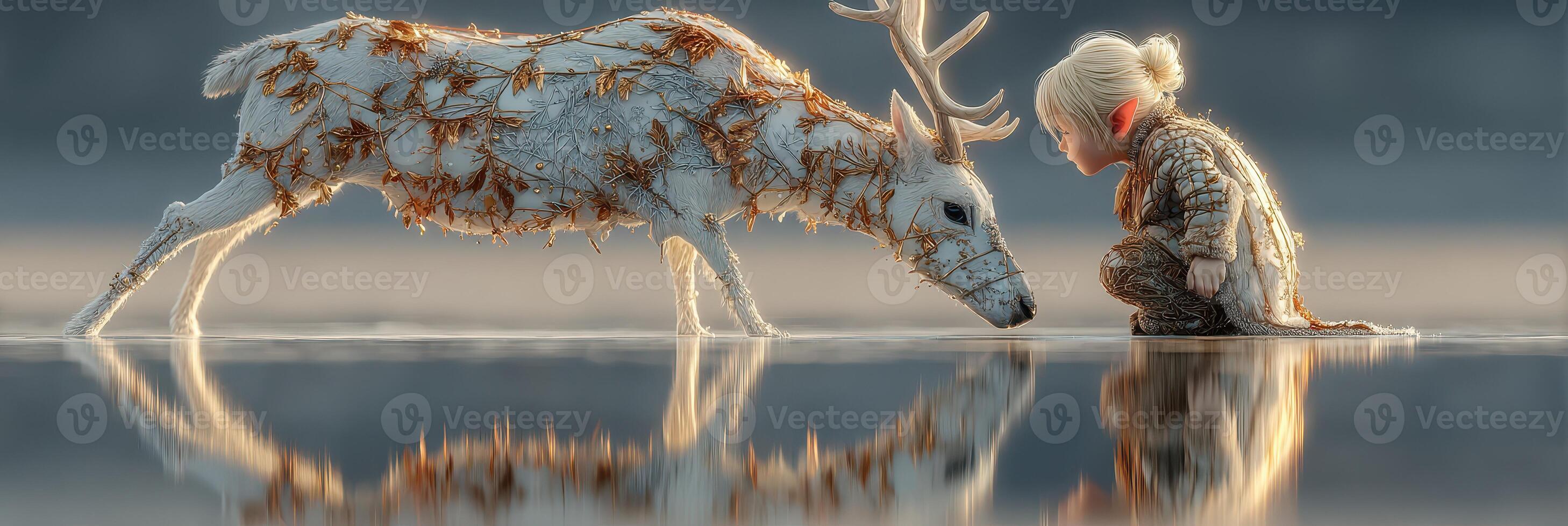 A young child interacts with a mystical white deer in a tranquil landscape during early morning light photo