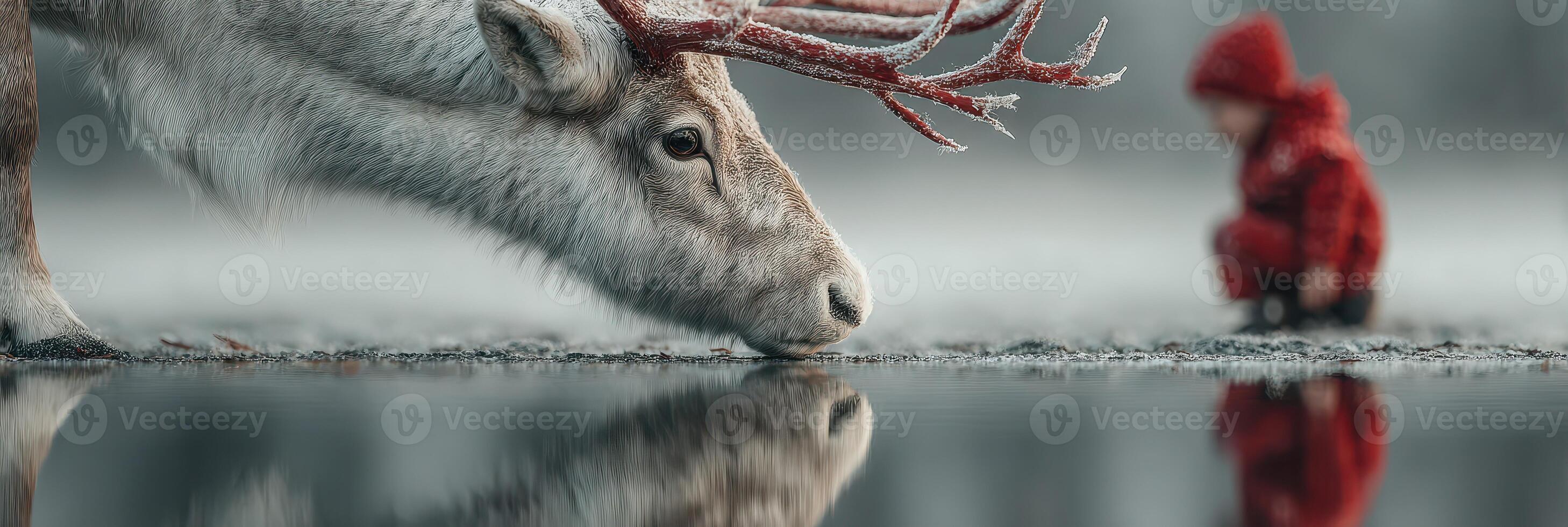 Child interacts with reindeer beside a tranquil lake in a serene winter landscape photo