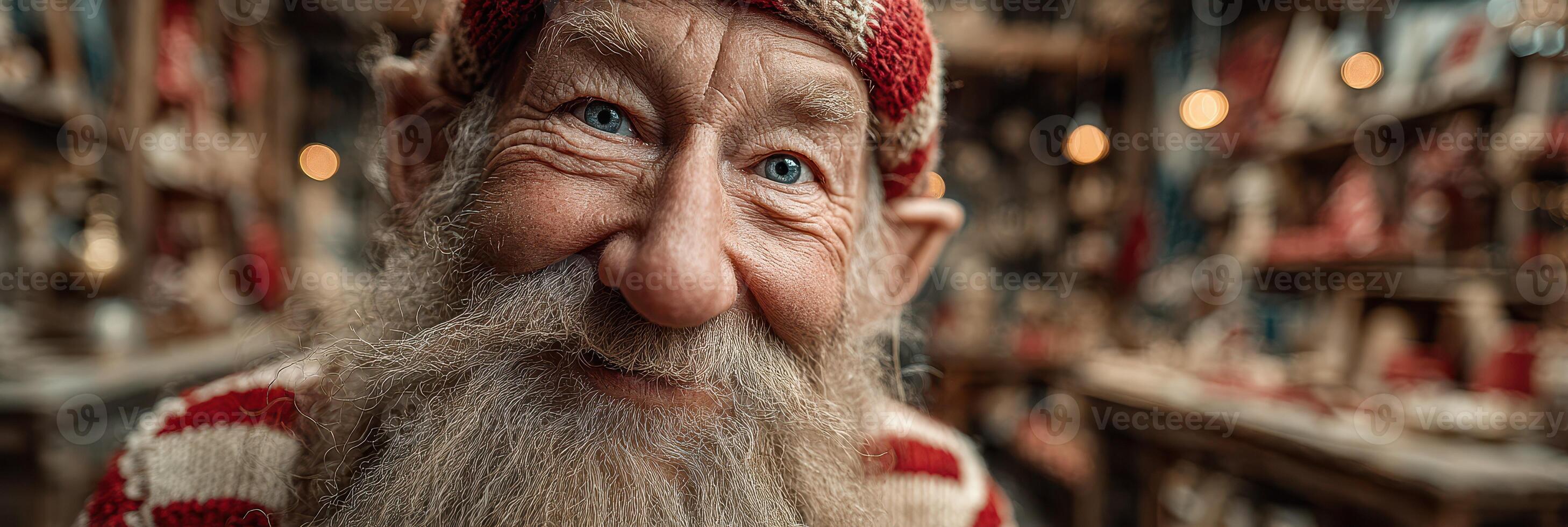 Portrait of a smiling elderly craftsman in a cozy workshop surrounded by handmade decorations and rustic charm during the holiday season photo
