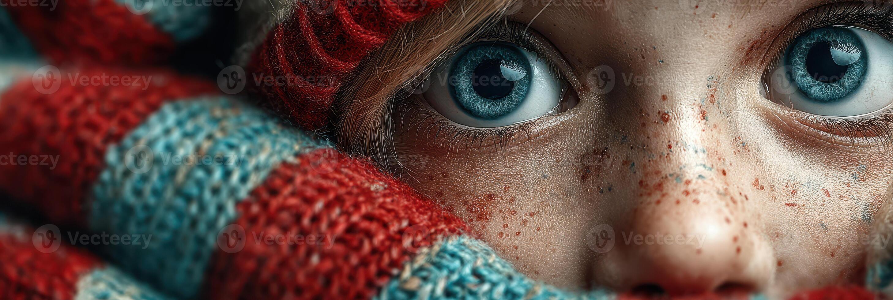 Child with striking blue eyes surrounded by cozy knitted fabric on a chilly day photo