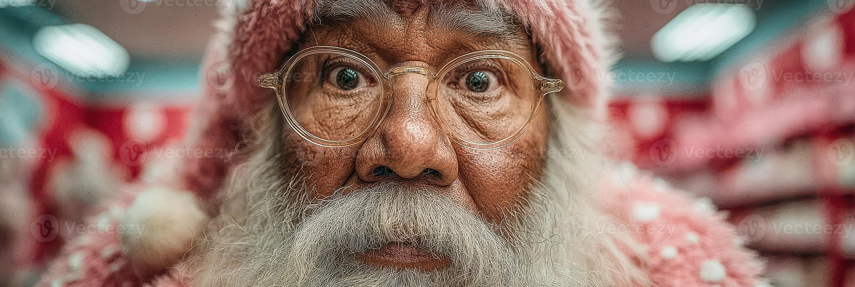 Unique portrayal of Santa Claus with a vibrant pink costume and glasses, capturing festive spirit in a cheerful shop setting photo