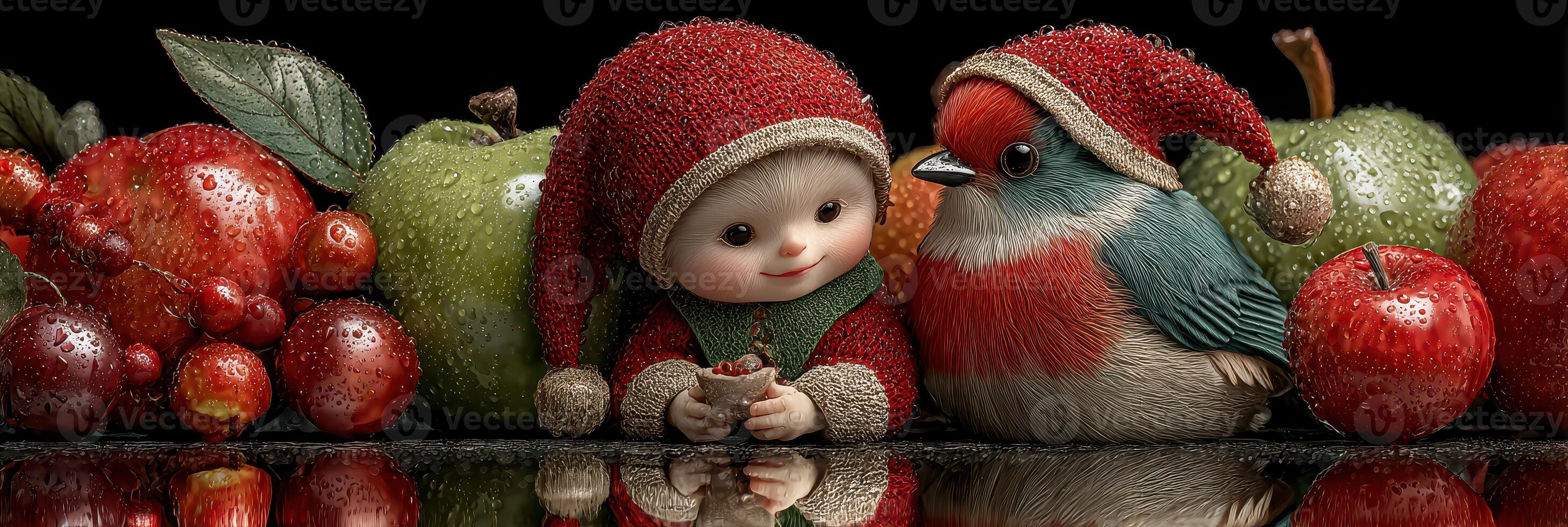 Festive scene with holiday-themed characters enjoying fruits in a cozy setting photo
