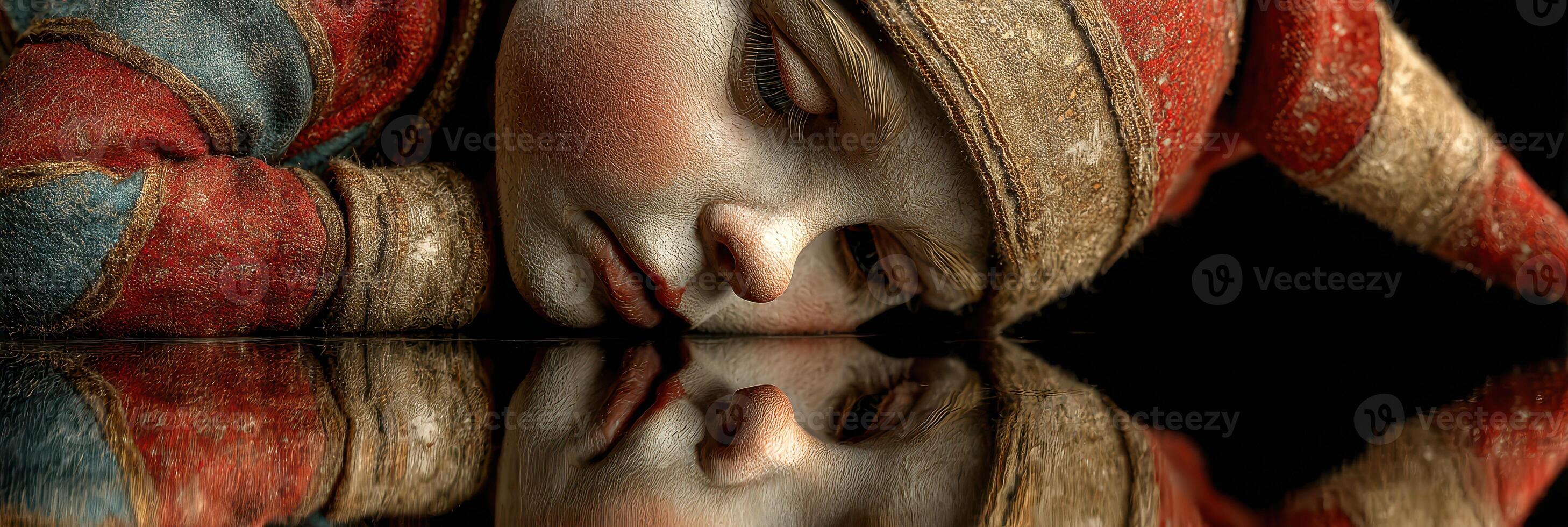 Child dressed as a jester gazes at his reflection in a mysterious setting, showcasing innocence and contemplation photo