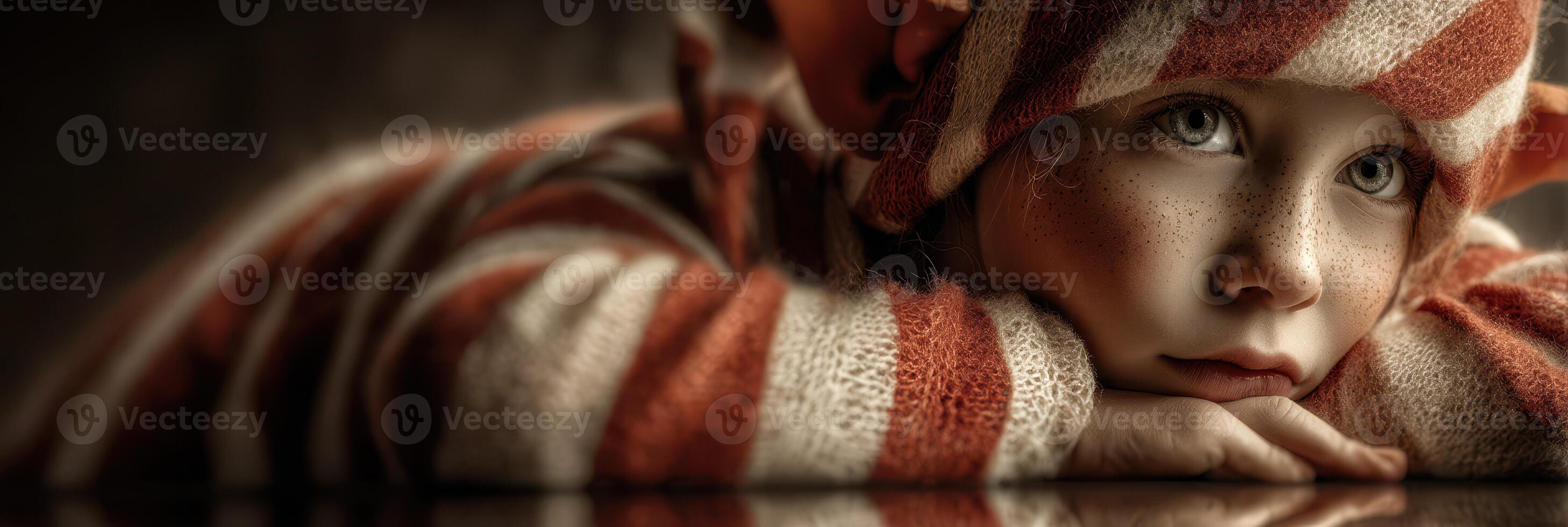 Child in striped pajama resting on arms with a contemplative expression in a softly lit room photo