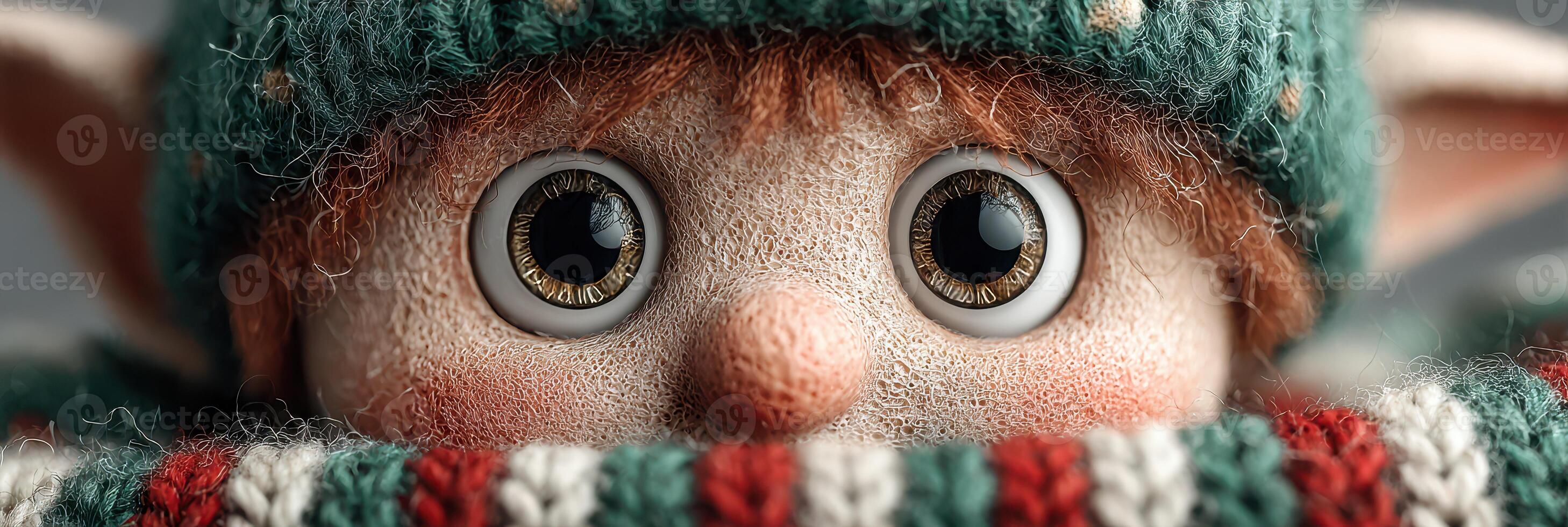 Close-up of a whimsical doll with oversized eyes and a knitted hat against a soft background photo
