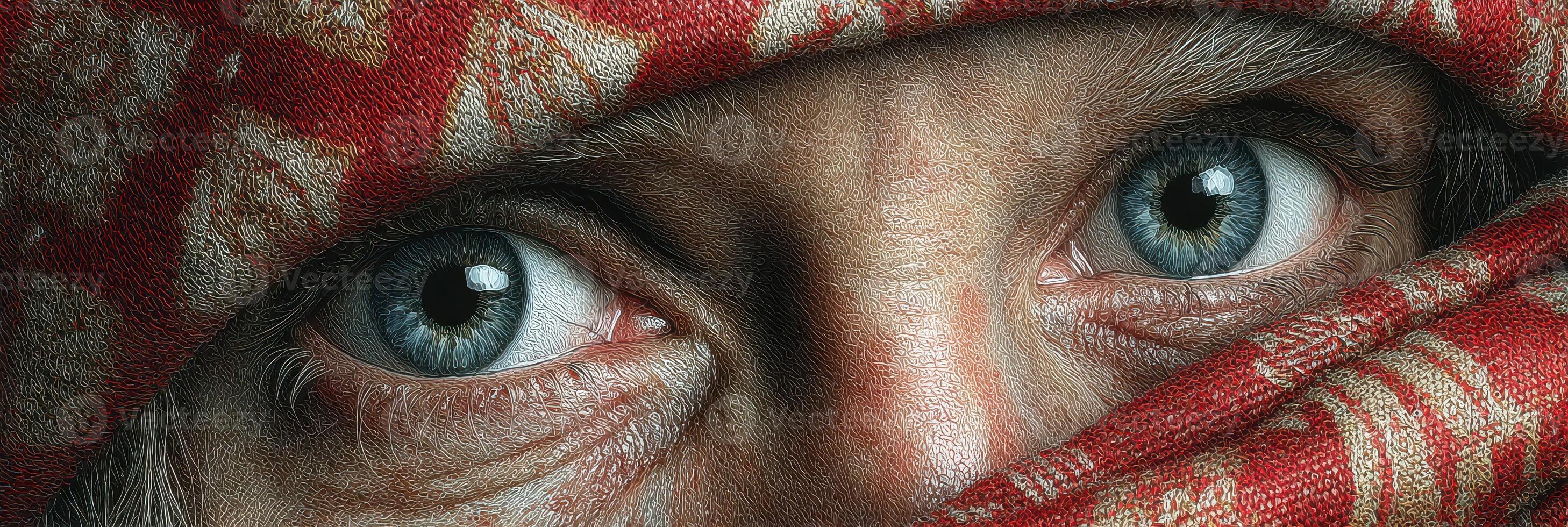 Man with expressive eyes and traditional headscarf gazes intently at the camera during the early morning photo