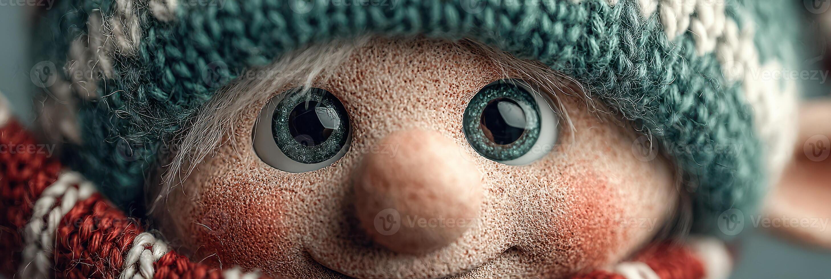 Cute doll with big eyes and knitted hat displayed against a warm background during winter season photo