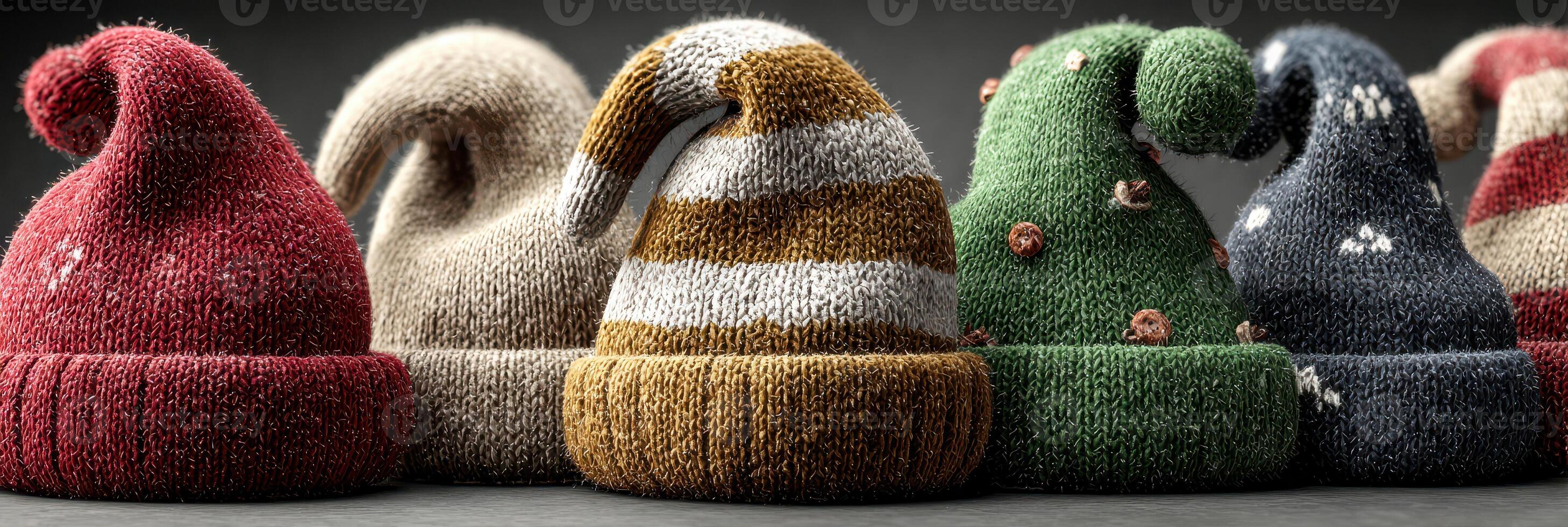 Collection of unique knitted hats displayed in a row with different colors and patterns during winter season photo