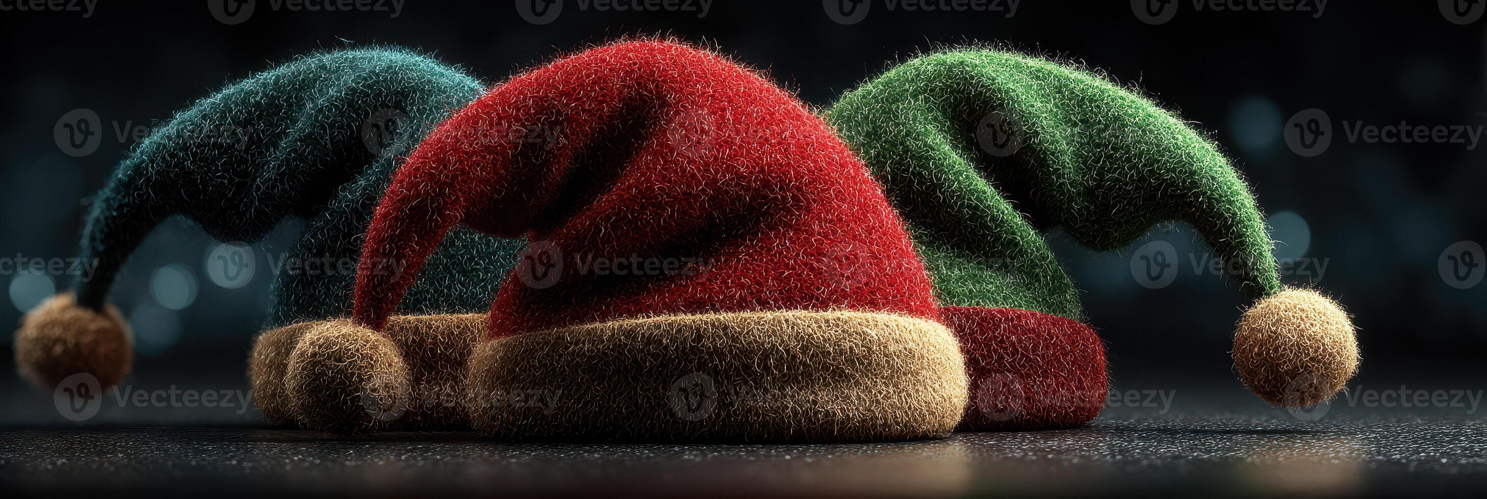 Soft textile Christmas hats in festive colors arranged together for seasonal celebration preparation photo