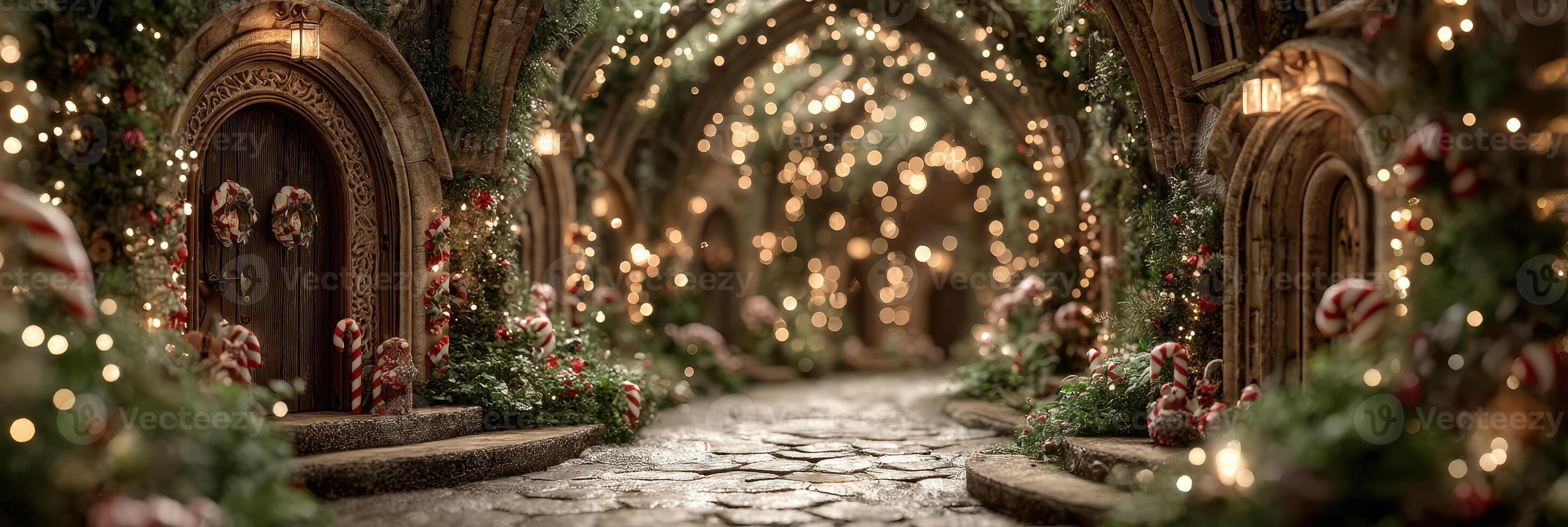 Beautiful holiday alley decorated with lights and ornaments in a charming setting full of festive spirit during winter season photo