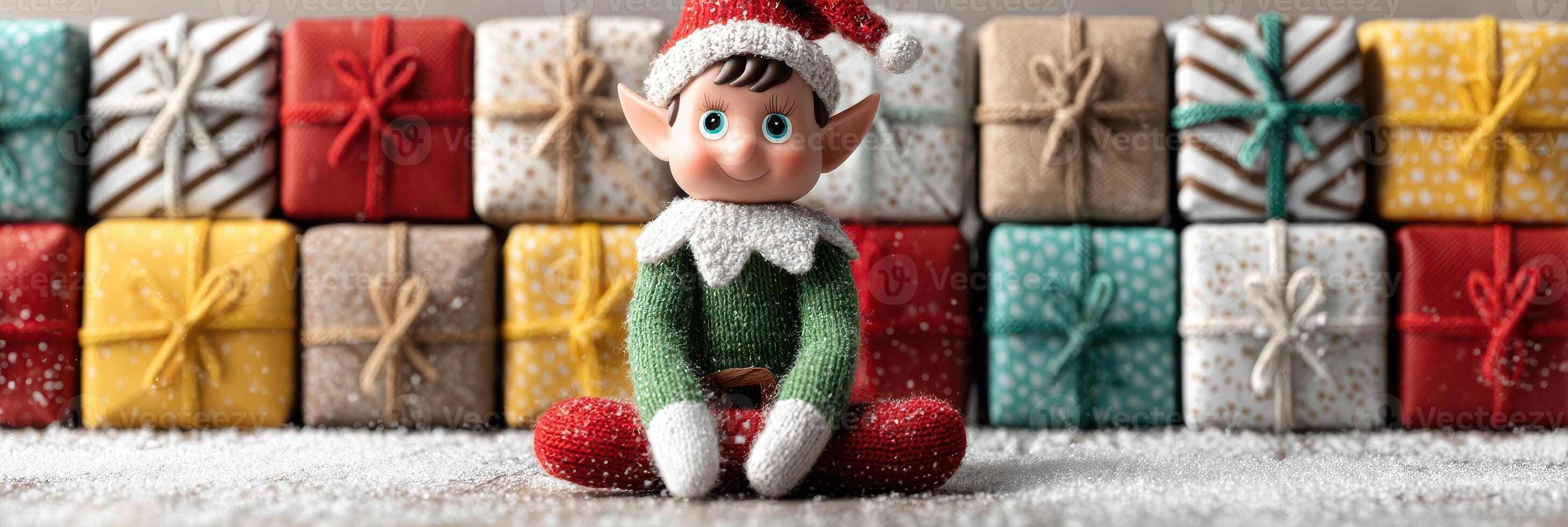 Festive elf surrounded by colorful wrapped gifts in a cheerful holiday setting with snowflakes on the ground photo