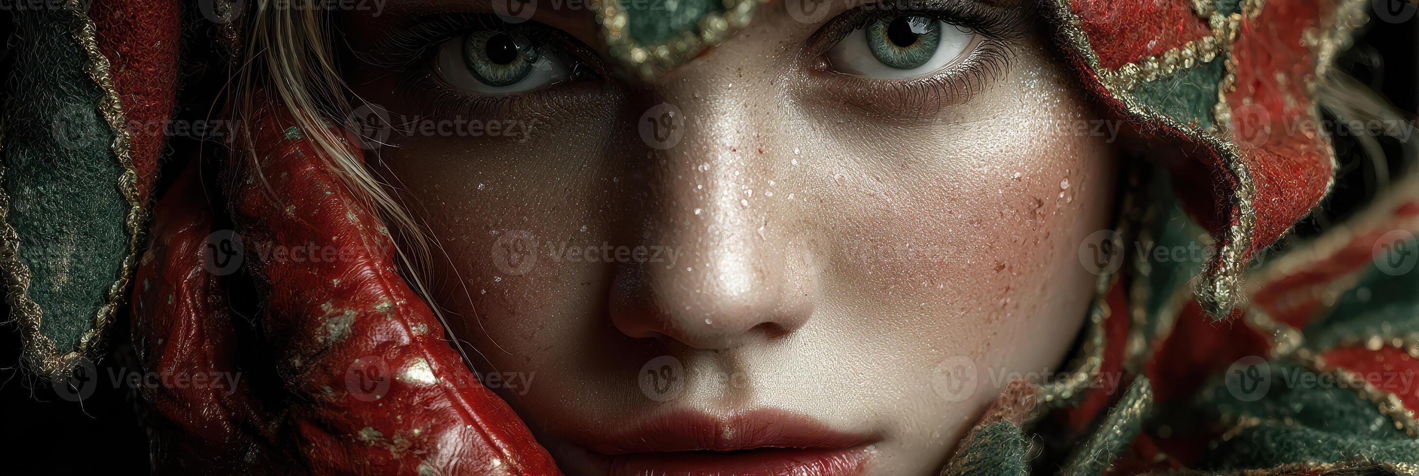 Expression of intense emotion captured in a close-up portrait featuring a person with striking eyes and unique face paint photo