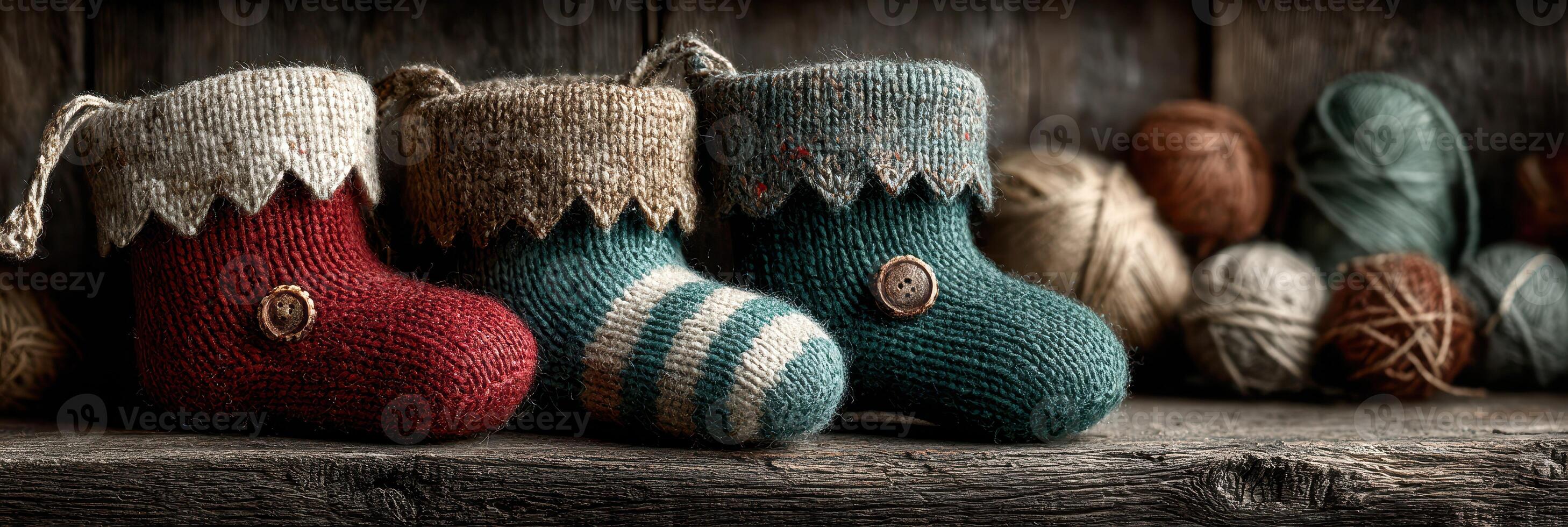 Colorful handmade knitted socks displayed on a wooden shelf with various yarn balls in a cozy setting photo