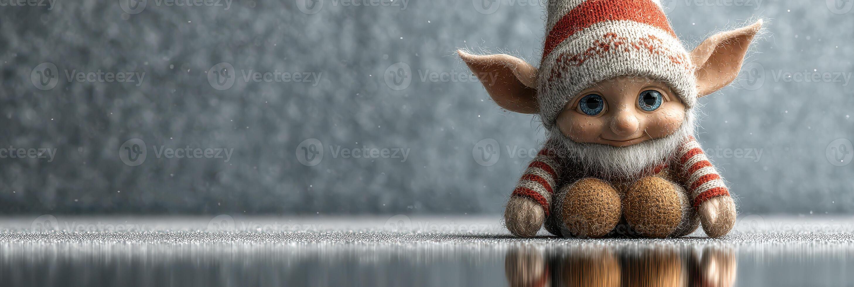 Cute elf doll sits on shiny surface near sparkling background during winter season photo