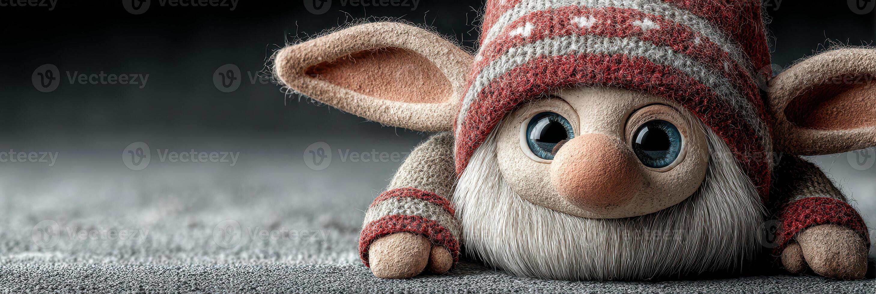 Cute elf figure with big eyes and warm hat resting on a gray surface in a cozy indoor setting photo