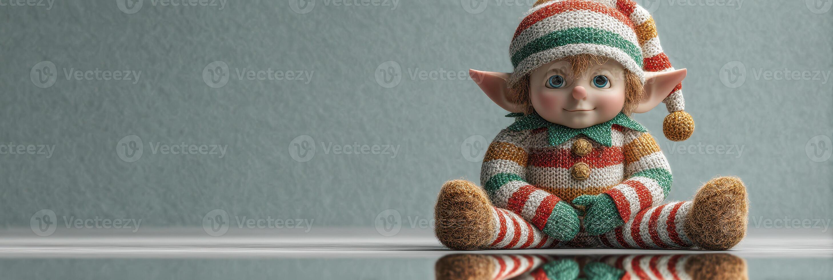 Adorable knitted elf doll sitting on a reflective surface in cozy indoor setting photo