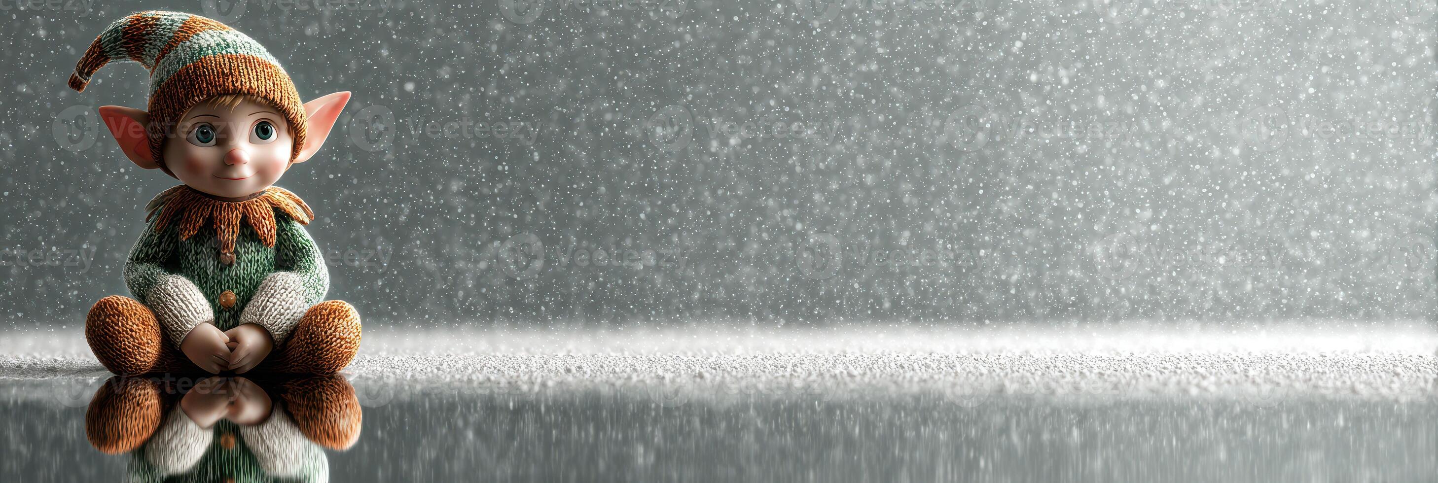 Cheerful elf doll sitting in a winter wonderland with soft snowflakes falling around photo