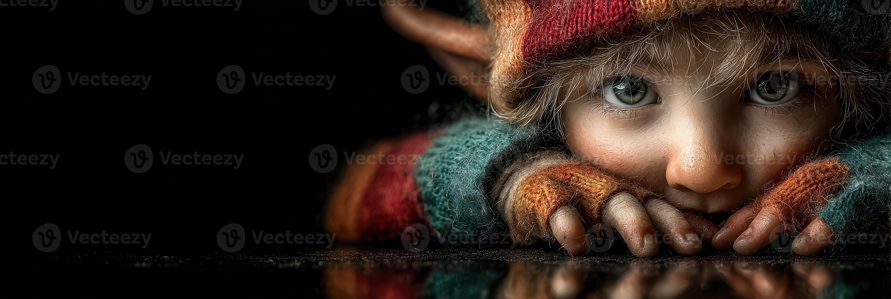 Curious child with large eyes wearing colorful cozy sweater and gloves poses playfully in a dark environment photo